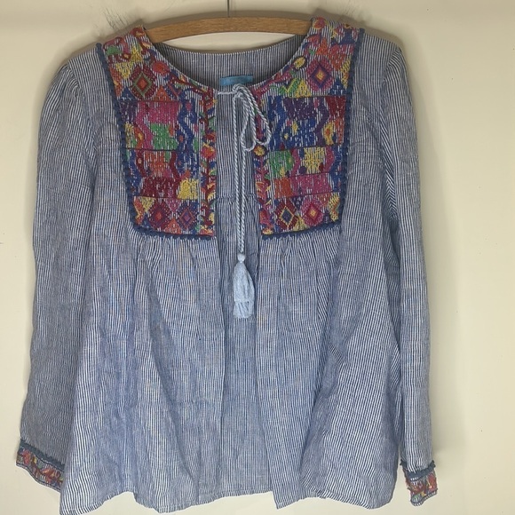 J. MCLAUGHLIN Blue and White Stripe Embroidered Tassel Top Size Medium - Picture 15 of 16